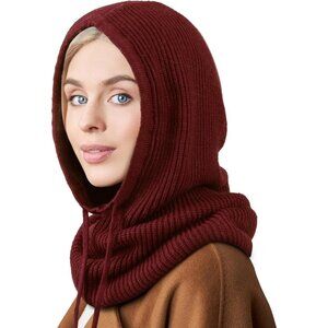 Women Scarf Hat Balaclava Beanie Skull Cap with Drawstring Warm Hat Burgundy